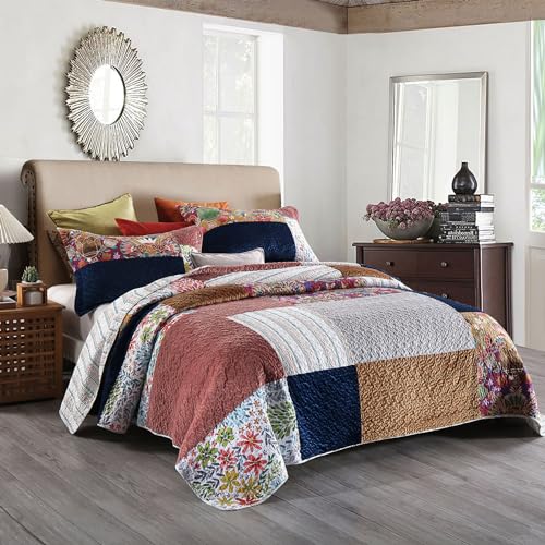 Secgo Queen Comforter Set for Bed - 100% Cotton Quilts Queen Size, Black Bedspreads (90 * 98 Inch) with 2 Pillow Shams, Patchwork Reversible Lightweight Bedding