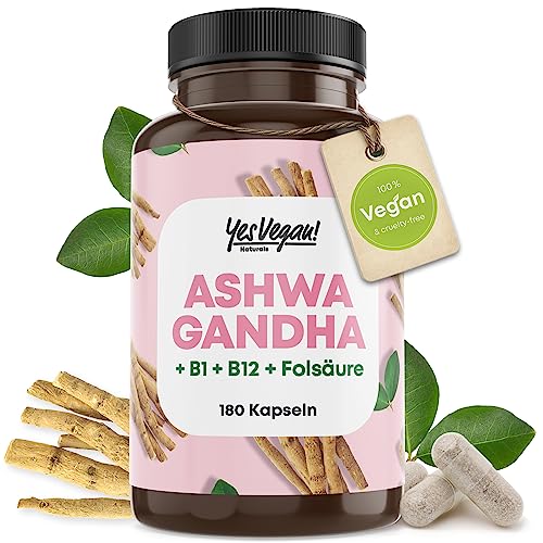 Ashwagandha Kapseln hochdosiert (180 Stück), Vitamin B12, B1 und Folsäure I Alternative zu Ashwagandha ksm-66 und Pulver