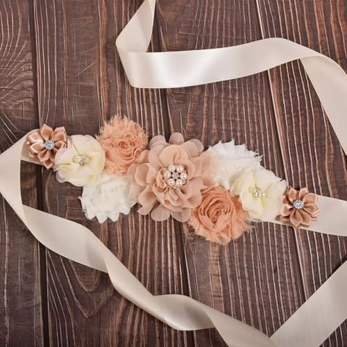 Flower Maternity Sash Belt, Wedding Bridal Belt Sash with Flower Rhinestone Pearl for Bride Bridesmaid Maternity Flower Dress (E)4