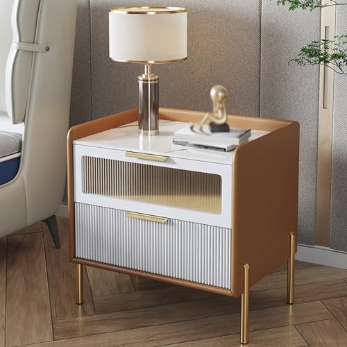 HJYBFA Mesita de Noche Dormitorio, mesita de Noche con cajón de Vidrio Templado, Acabado en Cuero Rock Slab Mesa Furniture, no Requiere ensamblaje (Naranja, 48 x 40 x 50 cm)