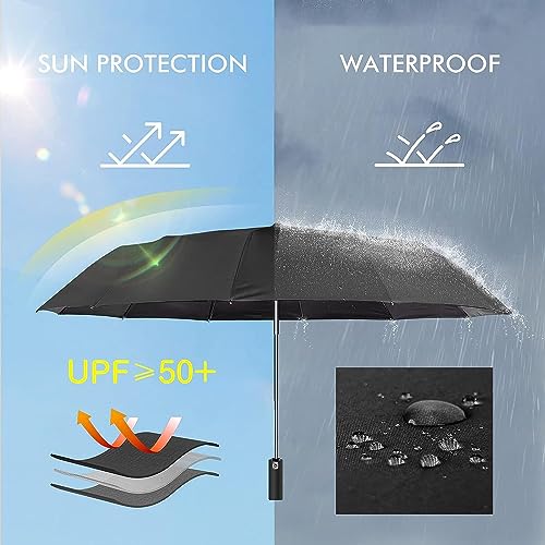 Image of Alexvyan 12 Ribs UV Protection Large Travel Automatic Umbrella Windproof for Rain & Sun, Strong Compact Umbrella for Men & Women, Wind Resistant, Portable Folding Umbrellas for Backpack, Car (Black)