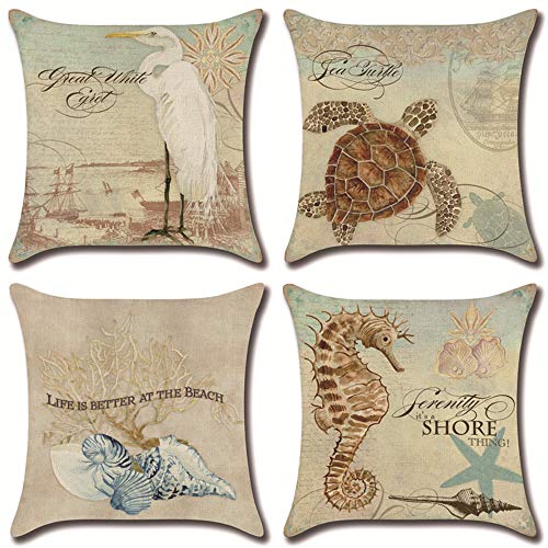 NEJLSD Throw Pillow Covers 18x18 inch Modern Decorative Cotton Linen Square Pack of 4 Throw Pillow Covers Cushion Case for Sofa, Bed, Car (Sea)