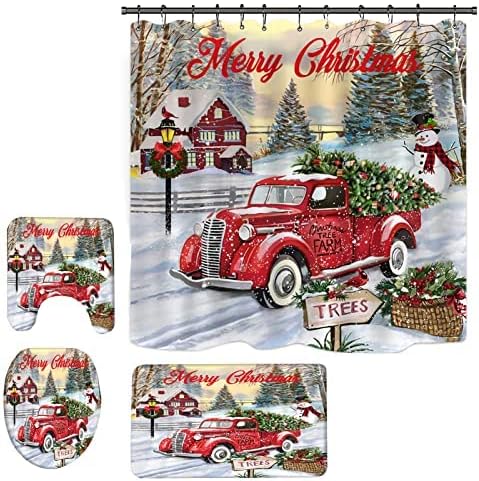 DOLASEV Red Truck - Juego de cortinas de ducha y alfombras de Navidad con cortina de ducha vintage para camión de granja con tapetes de baño árbol