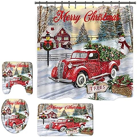 DOLASEV Christmas Shower Curtain Sets with Rugs, Christmas Red Truck Shower Curtain Set, Christmas Bathroom Sets with Shower Curtain and Rugs (B3) Cover