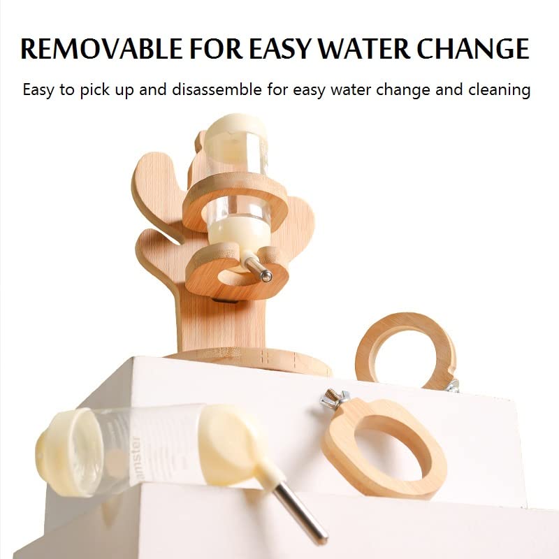 Soporte para botella de agua para hámster, soporte ajustable de madera natural para animales pequeños, dispensador automático de bebidas