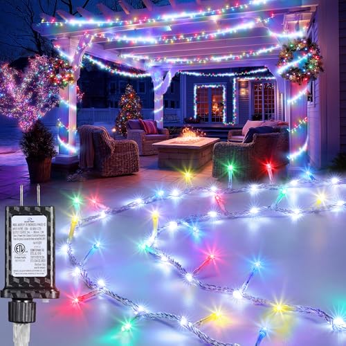 Jyoiat 30FT String Lights - 240 LEDs Water Flowing Multicolor String Lights with 8 Basic Modes + 6 Flowing Modes Outdoor Waterproof Timmer Memory Function Patio Lights (White)