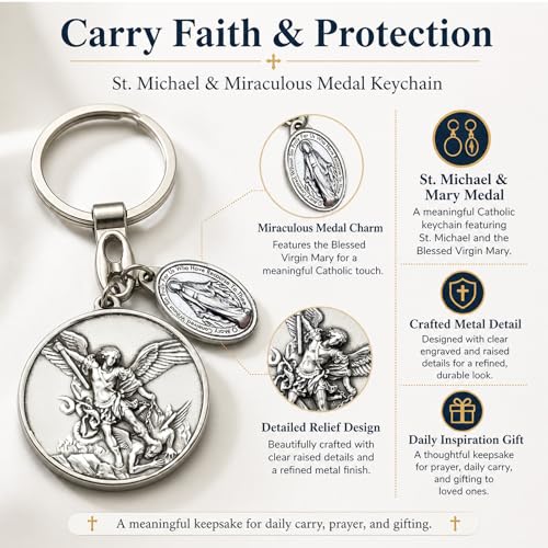 Image of St Michael Medals With Virgin Mary Keychain,Saint Michael With Mother Mary Medal for Car,Catholic Religious Keychain,Medalla De La Virgen Milagrosa Adornos Llaveros Para Carros De Mujer Hombre