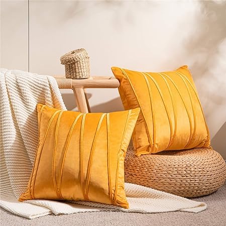 Image of Decorative Striped Throw Pillow Covers 14 X 14 Inch,Soft Solid Velvet Pillow Covers Cushion Case with Zigzag Pattern for Sofa Bedroom 35 X 35 Cm (Pack of 2) Yellow