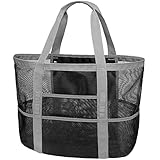 Mesh Beach Bag, iSPECLE Beach Tote Holds Toys Towels Large Mesh Bag Lightweight Durable Tote Bag for Beach Market Grocery Picnic With Deep Inside Safe Pockets for iPad