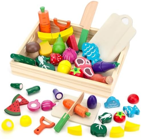 Wooden Play Food Sets for Kids Kitchen - Cutting Fruits and Veggies Toddler Toys Pretend Food Play Kitchen Accessories Montessori Educational Toys Gifts for Kids Boys Girls 3+