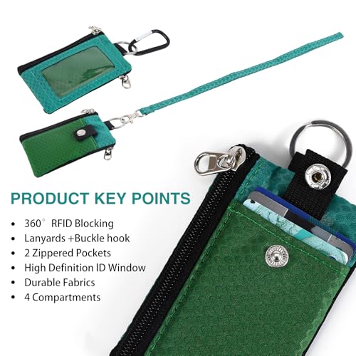 Image of MASAPHlL Small Lanyard Wallet for Women /Men with RFID Blocking ID Card Wallet, Minimalist Nylon Zipper Pouch, Travel Neck Wallet with Keychain, ID Window for Card,Coin,Cash (Olive Green+Green)