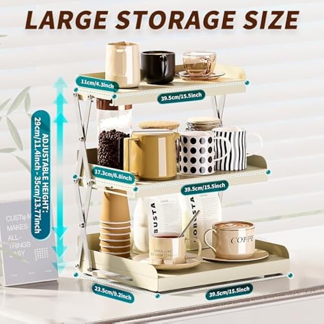 SanDream 3 Tier Coffee Mug Organizer Shelf, Coffee Bar Station Accessories, Cup Holder Rack Display Stand, Counter Organizer for Kitchen Bathroom Office,White