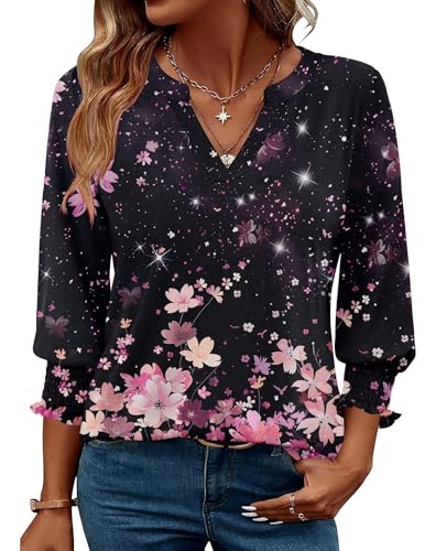 Zeagoo Womens 3/4 Sleeve Tops 2025 V Neck Blouses for Women Dressy Casual Spring Tunic Tops with Ruffle Cuffs Sleeves M Pink Flowers