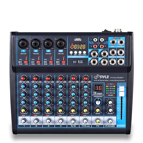 Pyle Professional Audio Mixer Sound Board Console Desk System- Interface 8 Channel Digital USB Bluetooth MP3 Computer Input 48V Phantom Power Stereo DJ Studio FX 16Bit DSP Processor, Black - PMXU83BT