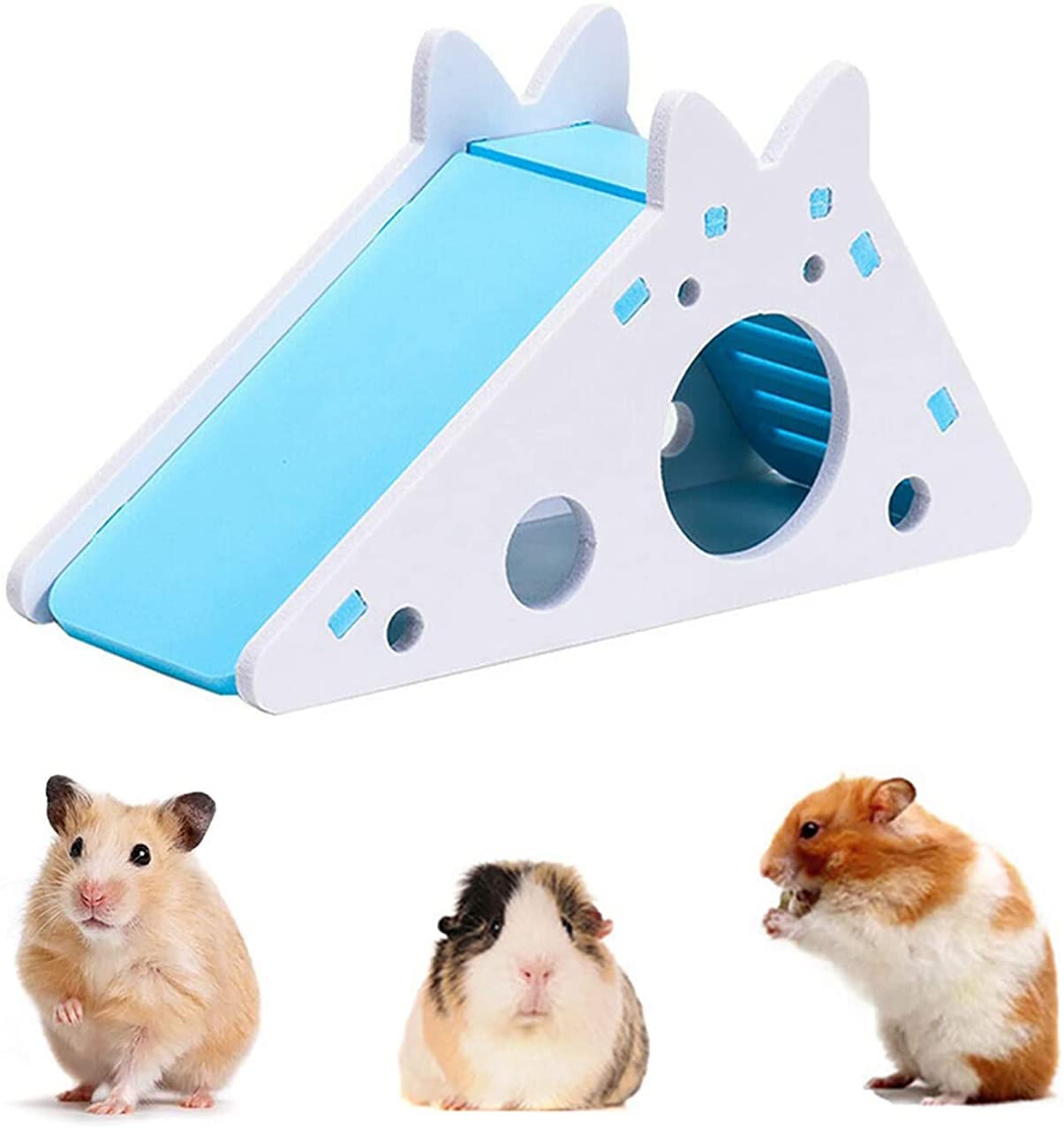 Hamster House with Ladder and Slide, Hamster Play Toys Hideout Hut Rat Hideaway, Boredom Breaker Small Animal Activity Toy, DIY Hamster Cage Accessories for Small Pets (Blue)