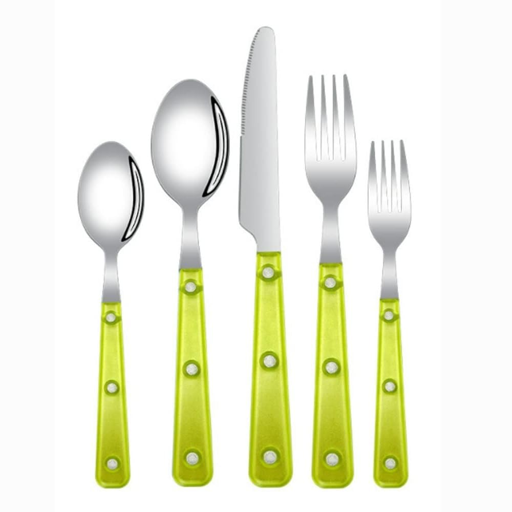Frosted Clear Handle Silverware Tableware Set, 18/10 Stainless Steel Flatware Set Steak Table Knife Fork Spoon Fruit Fork Teaspoon Cutlery Sets (Green,5 Pieces)