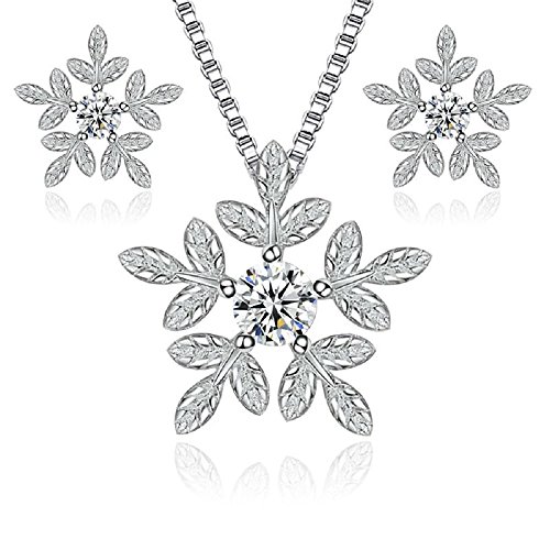 Preisvergleich Produktbild Schneeflocken Schmuck-Set mit Weiß Österreichische Zirkonia Kristalle Halskette 45 cm Ohrstecker Ohrringe 18 kt Weiß Vergoldet für Damen