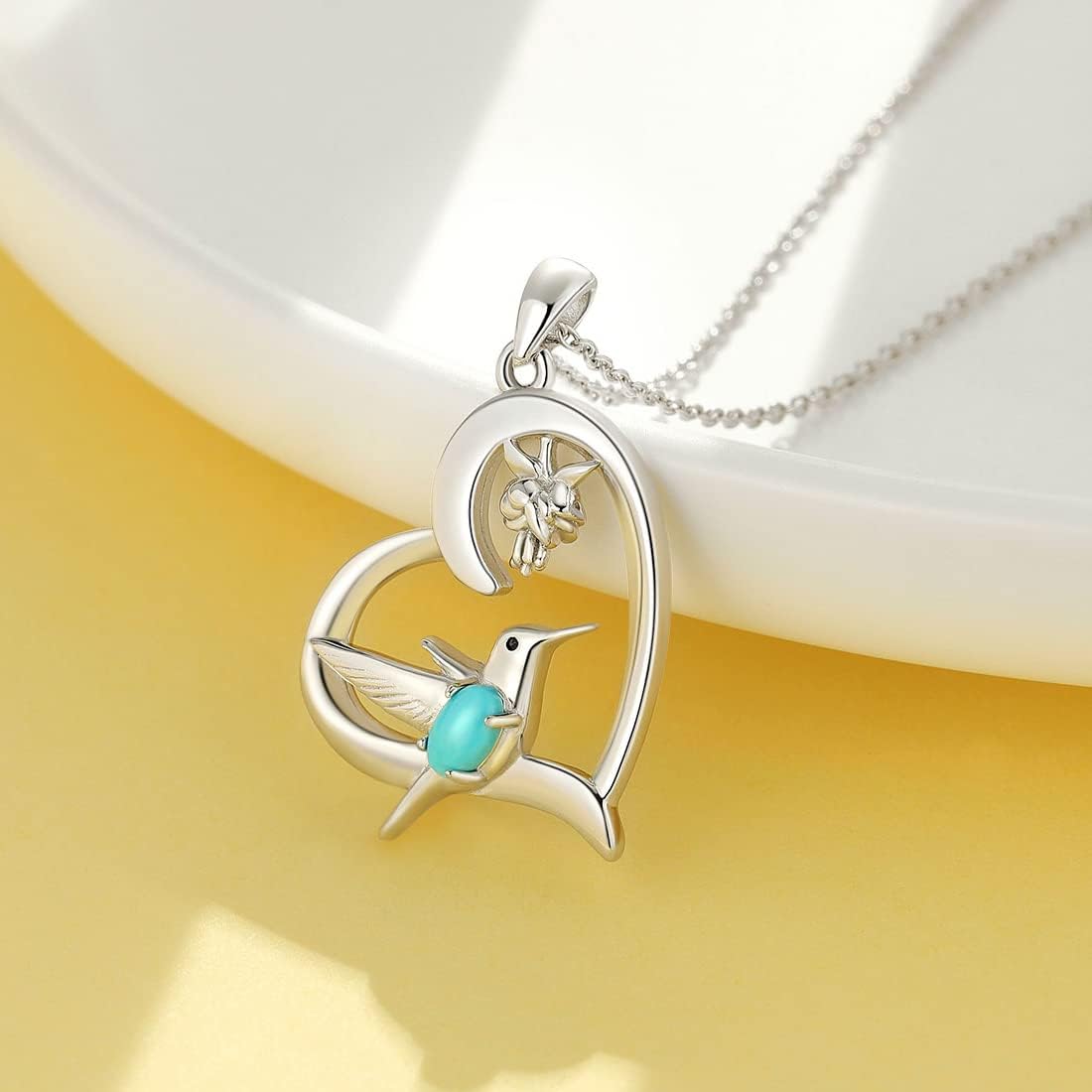 Hummingbird Necklace 925 Sterling Silver Heart with Flower Pendant Genuine Turquoise Gemstone Hummingbirds Animal Jewelry Gifts for Women - Image 2