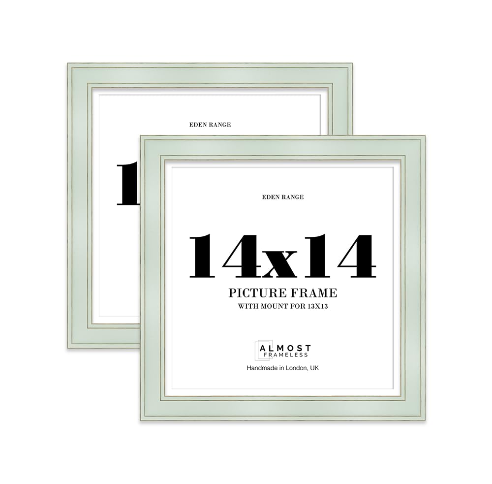 14x14" Sage Green Square Picture Frame with 13x13" Mount - Shabby Chic Photo Frame with Distressed Finish, Gold Trim, Wall Hooks, 37mm Edge - 2 Pack