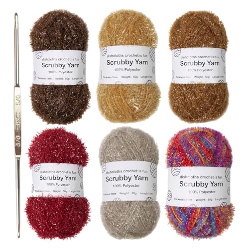6 piezas de hilo Scrubby – Scrubby hilo brillante, hilo Scrubby, surtido de Scrub – Exquisito hilo de poliéster duradero para la fabricación de hilo de ganchillo, paños de cocina y lu