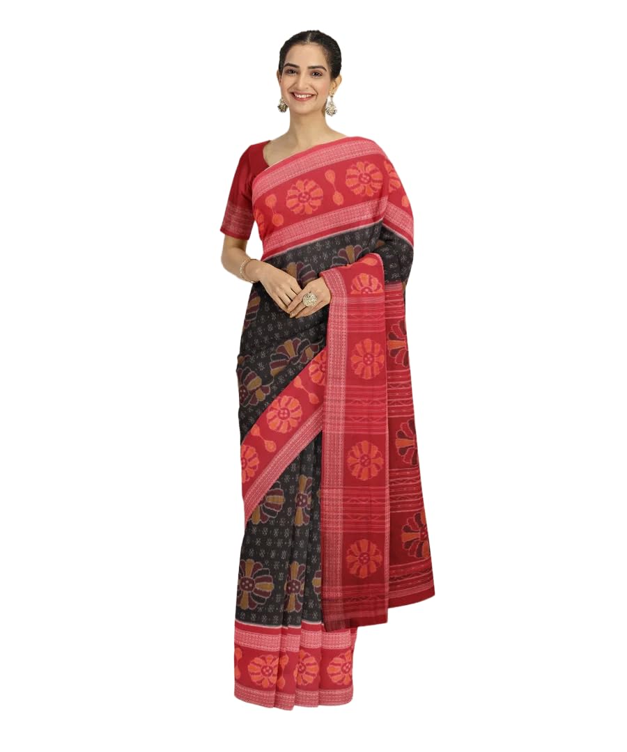 pujia mills Women Sambalpuri pure Cotton Saree Ikat with Floral Motifs and Contrast Border-picture-54