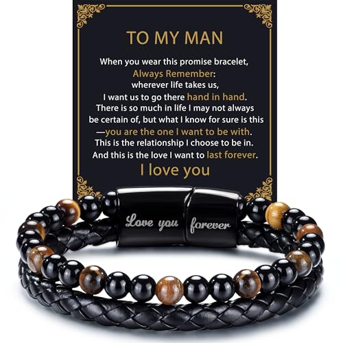 RANKEEF Mens Leather Bracelet - Tiger Eye Mens Beaded Bracelets to My Man Pulseras Para...