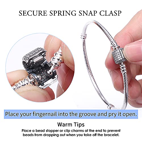 Image of 925 Sterling Silver Snake Chain Bracelets Fit Pandora Charms,Heart Clasp Bracelets Perfect For Any Glamour Gift for Women with 5 A Cubic Zirconia
