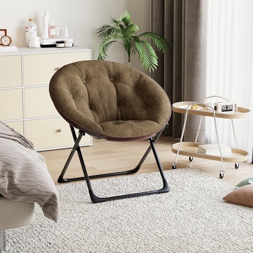 Folding Faux Fur Saucer Chair,Portable Folding Soft Moon Chair,Comfortable Lounge Chair with Metal Frame for Bedroom, Dorm Rooms, Apartments, Lounging, Garden and Courtyard, Brown