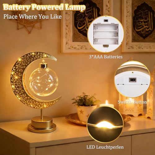 Lámpara de Mesa Luna Creciente Dorada Metal Vidrio Batería miniatura 2