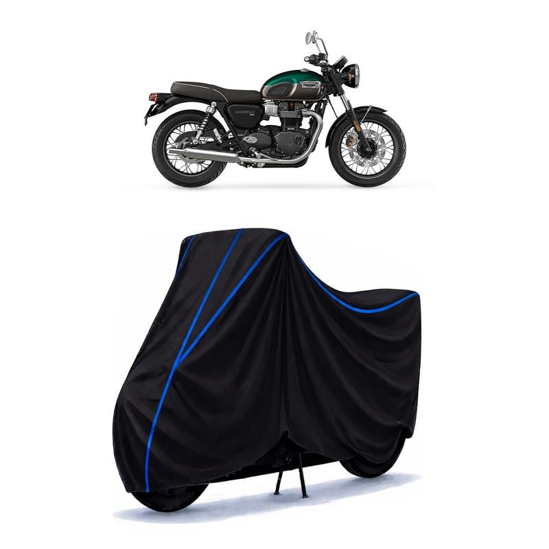 Image of Triumph Bonneville T100 Bike Cover Water Resistant Universal Motorcycle Rain | Heavy Duty UV Protection, Dust, Scratch Indoor Outdoor All Weather with Black Blue Piping Elastic