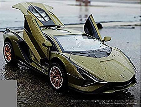 Image of 4 Wheel Drive Metal Car Pull Back With Openable Doors, Engine Cover, Tail With Front And Rear Light & Music Great Gift For Boys And Girls Above (Lamborghin),Olive