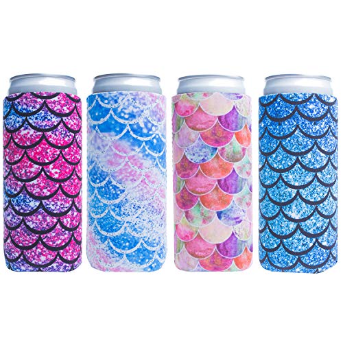 Slim Can Sleeves - Neoprene Bottle Insulator Sleeve Set of 4 Can Beverage Coolers for 12oz Energy Drink & Beer Cans (Fish scale-4)