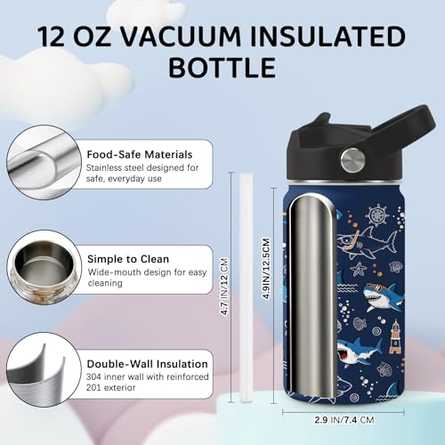 Image of Shark Water Bottle for Son & Daughter, Stainless Steel Insulated Tumbler with straw lid and handle, 12oz Reusable Leak-proof Bottle for Sports