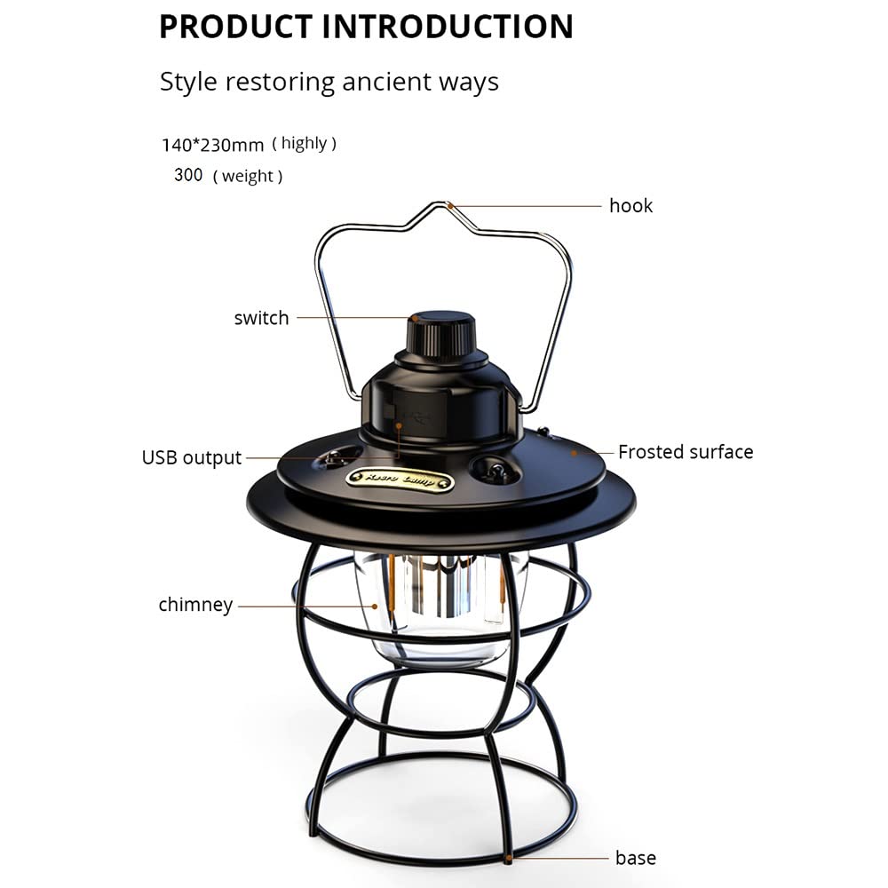 Lampka nocna, lampa kempingowa LED, latarnia kempingowa z ładowaniem USB, latarnia kempingowa retro z hakiem, regulacja trybu światła 3, IPX4 Wodoodporna zewnętrzna lampa kempingowa do namiotu turysty