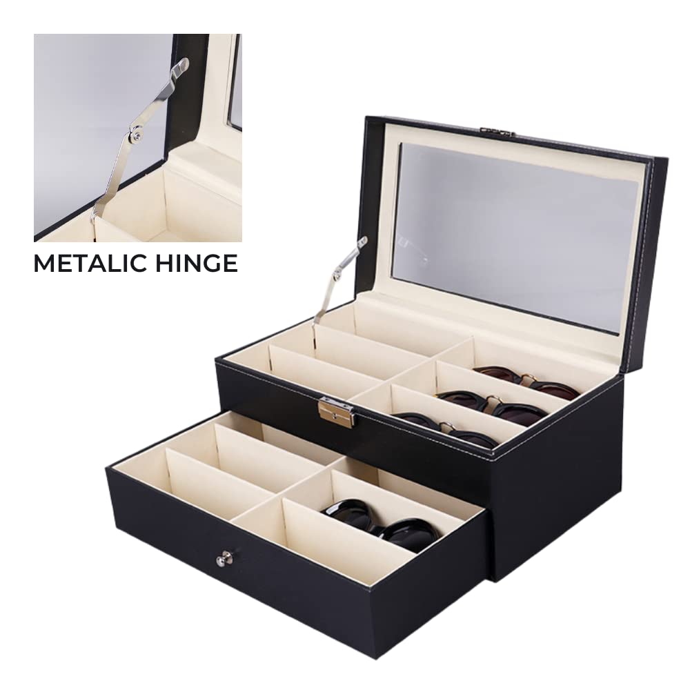 MAGIC SELECT Caja para Gafas con 8-12-18 Compartimentos, Estuche con Tapa de Cristal Transparente, Cierre con Llave, Cajón y Forro Interior, Polipiel