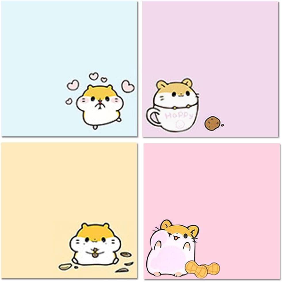 Tazweeq Happy Hamster, 4 Pack 80 Sheets Per Pack 3.15x3.15in Self-Stick Note Pads, Kawaii Cute Sticky Notes, Korean Stationary