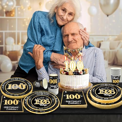 Image of 100th Birthday Decorations Black and Gold, Service for 30, Vintage 100th Birthday Party Supplies Includes Black Vintage 1926 Plates,Napkins,Cups, Plates and Napkins for Men Women
