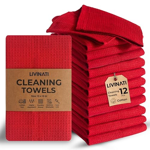 LIVINATI Red Cotton Cleaning Rags for Housekeeping - Trapos Paos De Limpieza Reutilizables - Kitchen Bar Shop Towel Dish Mop Wash Cloth for House Dust - Reusable Washable Absorbent - 13x13 12 Pack