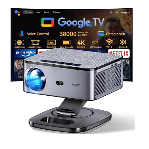 【1500 ANSI/Google TV/Auto Focus】 XIWBSY Videoprojecteur 4K Supporté, 38000 Lumen FHD, 360° Rotation, Projecteur Video 4K Contrôle Vocal, Retroprojecteur WiFi6 Bluetooth 5.3