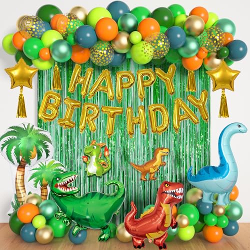 Dinosaur Birthday Party Decorations Supplies, 124Pcs Dinosaur Green Orange Blue Balloons Garland Arch Kit Happy Birthday Dino Foil Balloon Curtain for Kids Boys Dino Jungle Safari Baby Shower Party