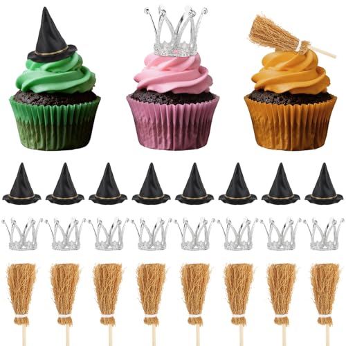 Hooqict 24PCS Mini Witch Hat with Broom and Silver Crown Cupcake Toppers Birthday Cake Topper Decorations for Girls Women Pink and Green Witch Princess Party Decorations Supplies