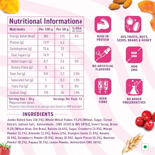 Image of Bagrry's Crunchy Muesli With 30% Fruit & Nut Cranberries 400gm Box|34% Fibre Rich Oats|No Sugar Infused Fruits|Real Fruits|Breakfast Cereal|Protein Rich|Cranberry Muesli