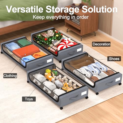 Image of GoMaihe Under Bed Storage with Wheels: 48L Underbed Storage Containers with Lids - Rolling Bins for Shoes Clothes in Dorm Bedroom - Metal Drawers Easy Pull-out Grey 4-Pack