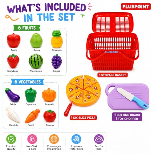 Image of PLUSPOINT 20 PCS Cutting Play Food Toy Set with Storage Basket | Sliceable Fruits, Vegetables & Pizza Kitchen Pretend Play Accessories with Cutting Board & Chopper | Role Play Toy for Boys & Girls