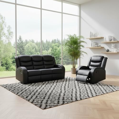 Image of Manual Recliner Sofa Set, Leather Reclining Living Room Furniture Set, Adjustable Backrest Reclining Chair and a 3 Seater Couch Furniture Set for Living Room, Home Theater, Black