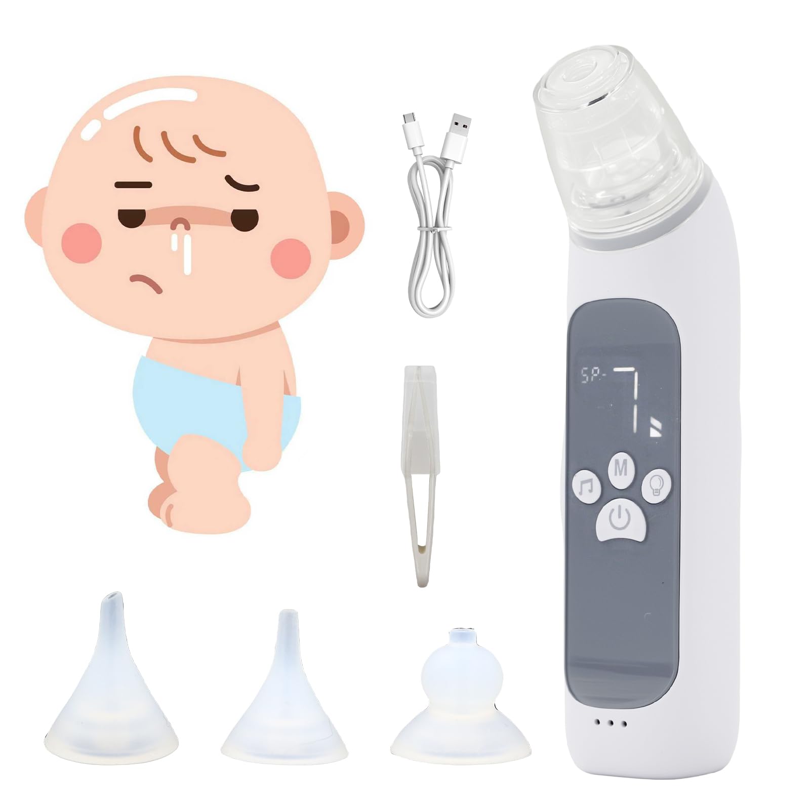 Aspirador nasal para bebé | Aspirador nasal eléctrico recargable con 3 niveles de succión, 3 tamaños de puntas de silicona, función de música y luz (gris)