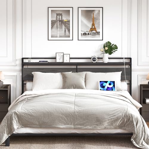 Image of HOOBRO King Size Headboard, Headboard with 2 Outlets and 4 USB Ports, Adjustable Height, Storage Rack, Sturdy and Stable, Easy Assembly, Charcoal Gray and Black