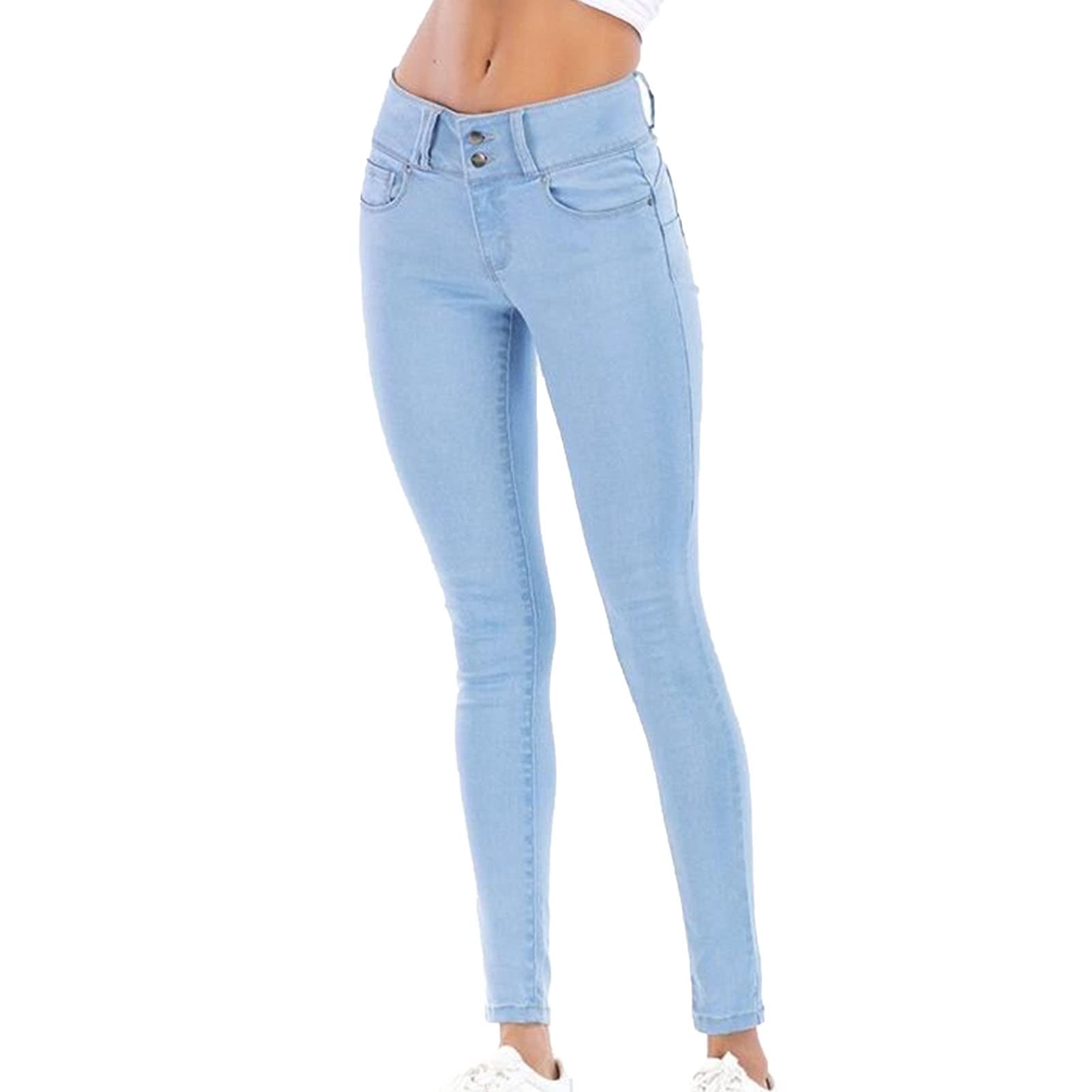 Women's Mid Rise Skinny Pencil Jeans Casual Slim Fit Butt Lift Denim Pants 2 Button Washed Stretch Jean Trousers (Light Blue,Small)