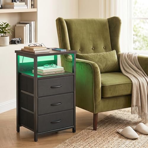 Image of Fixwal Night Stand with 3 Drawers, Black Nightstand with Charging Station