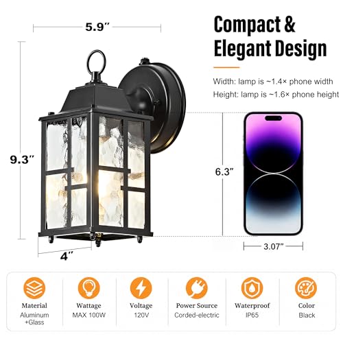 Image of OKELI Dusk to Dawn Outdoor Wall Lights, Exterior Waterproof Lantern, Front Porch Sconce Lighting with Water Ripple Glass Shade, Anti-Rust Wall Lamps Outside Lights for Garage (Black-SIZE-S-2pack)